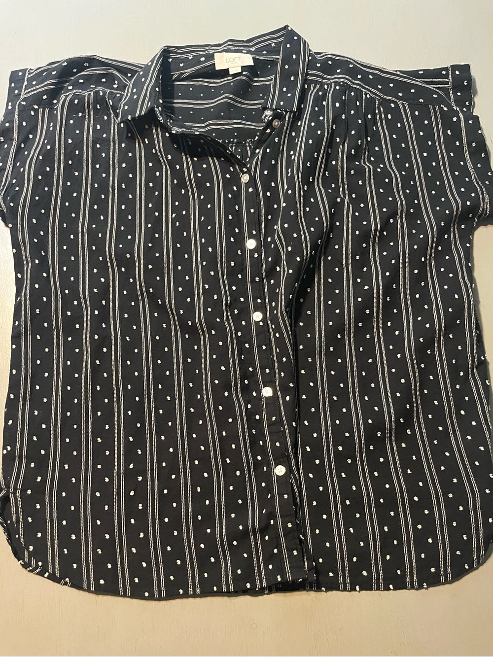 LOFT Cotton Black White Polka Dot Striped Short Sleeve Button Front Top M